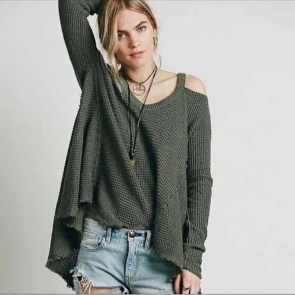 Free people olive green moonshine sweater waffle distressed sz M - Picture 2 of 12